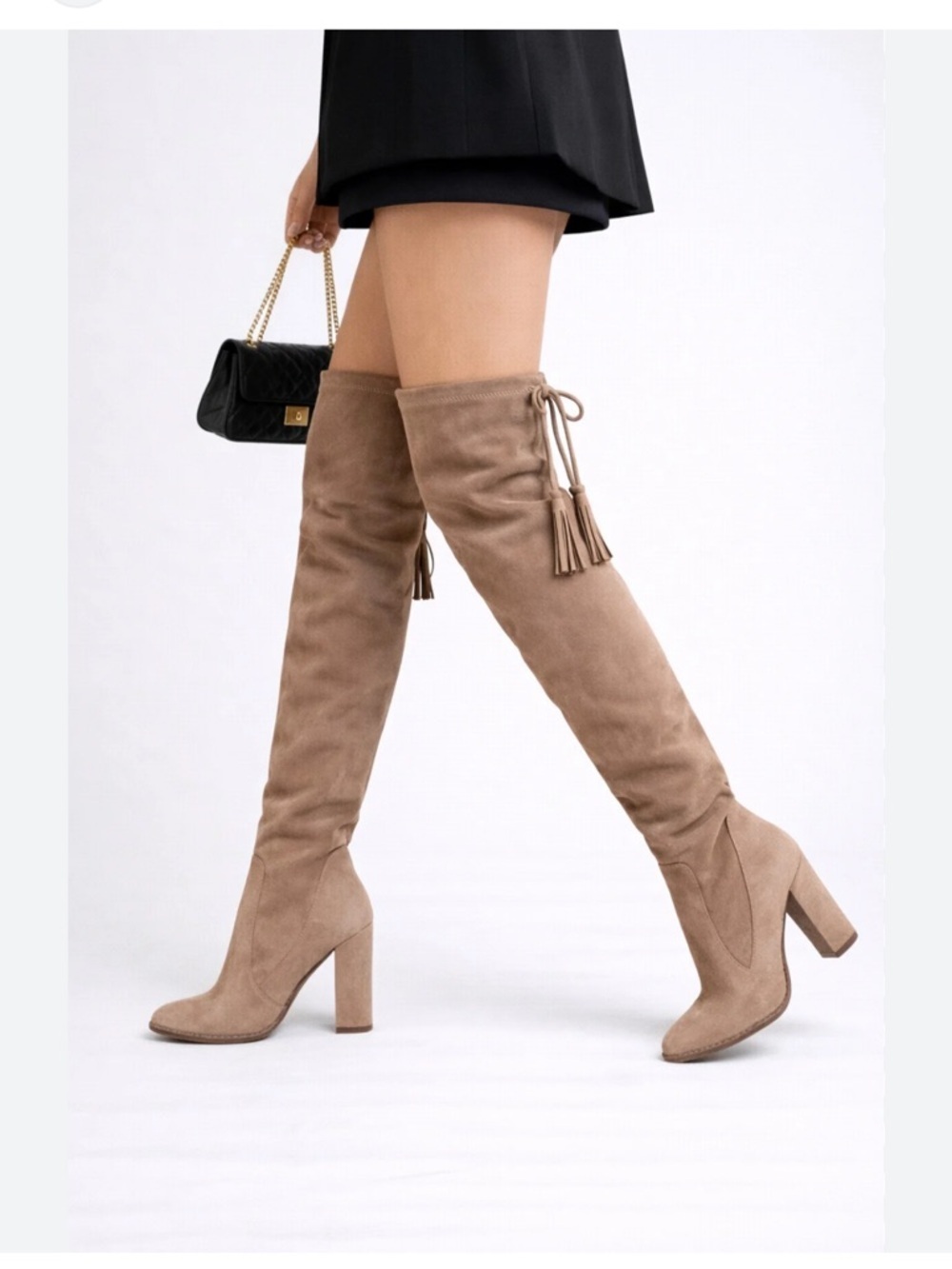 Shutz Over-the-Knee Suede Block Heel Boots in Taupe 7.5 B tassels